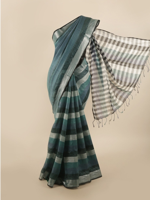 

Pothys Teal & Silver Striped Zari Linen Blend Saree
