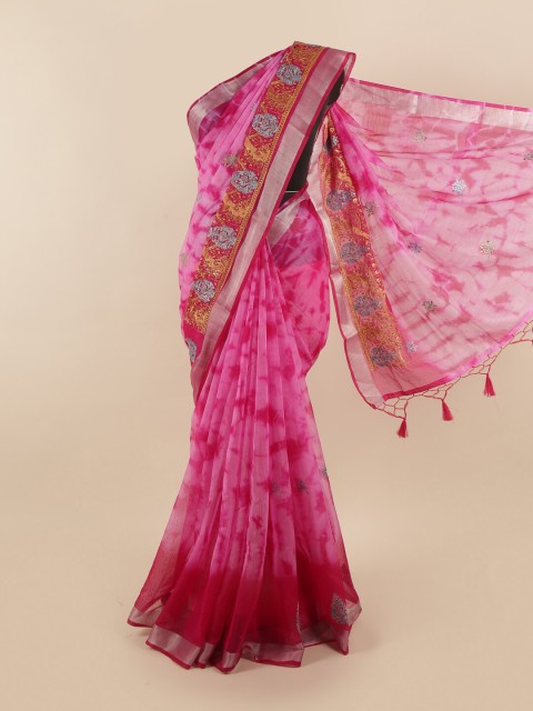 

Pothys Pink & Gold-Toned Tie and Dye Embroidered Tissue Saree