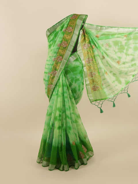 

Pothys Green & Silver-Toned Tie and Dye Embroidered Tissue Saree