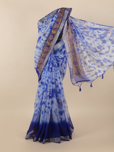 

Pothys Blue & Gold-Toned Tie and Dye Embroidered Tissue Saree