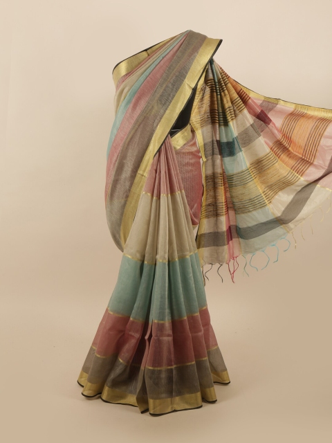 

Pothys Green & Peach-Coloured Striped Zari Linen Blend Saree