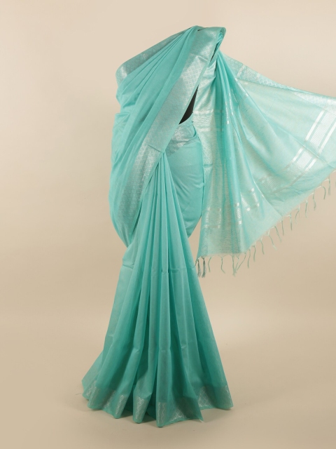 

Pothys Blue & Silver-Toned Zari Linen Blend Saree