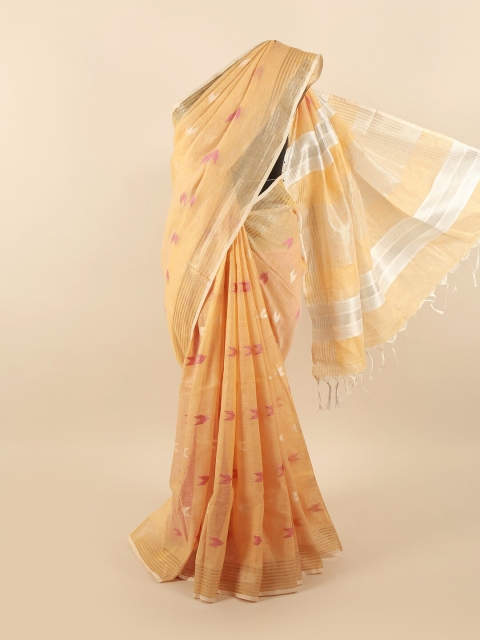 

Pothys Peach-Coloured & Gold-Toned Woven Design Linen Blend Saree