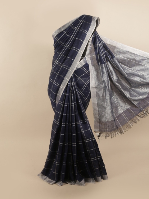 

Pothys Navy Blue & Silver-Toned Checked Linen Blend Saree