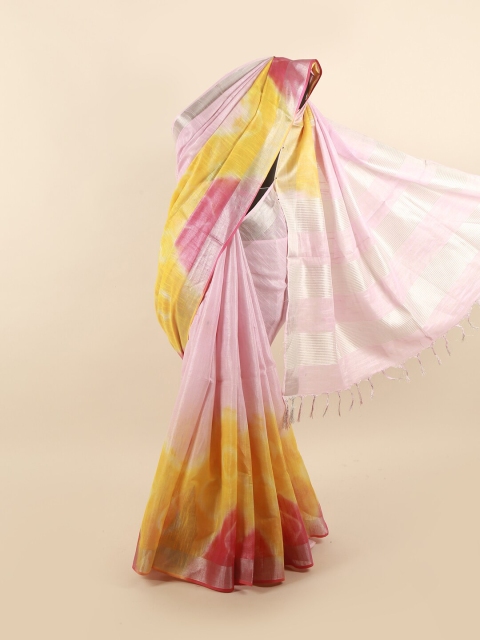 

Pothys Yellow & Purple Tie and Dye Zari Border Linen Blend Saree