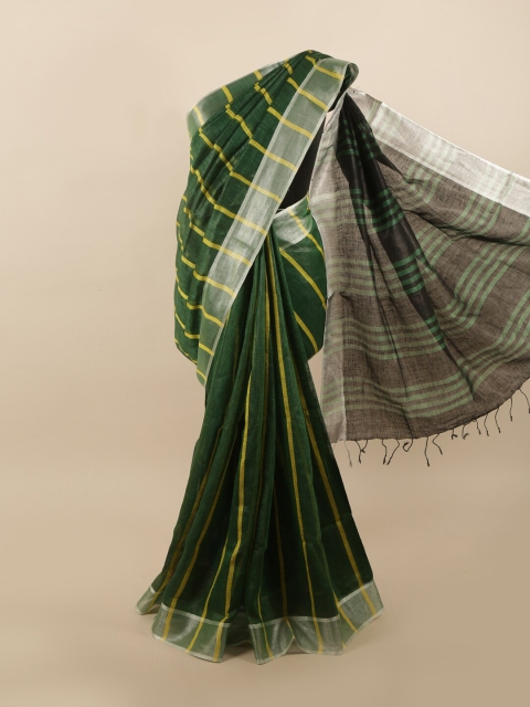 

Pothys Green & Yellow Striped Zari Linen Blend Saree