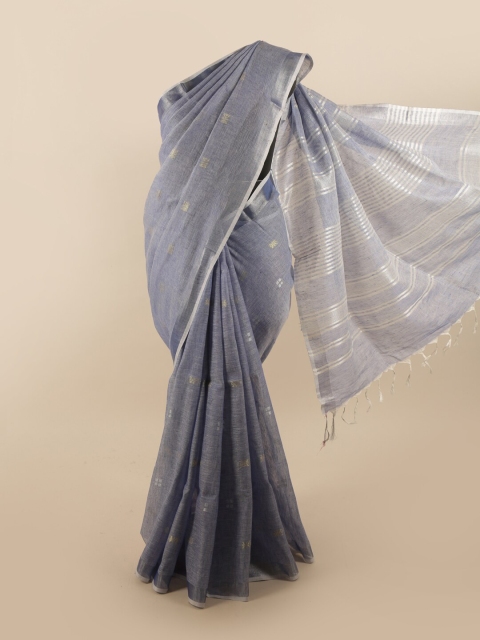 

Pothys Blue & Silver-Toned Woven Design Zari Linen Blend Saree