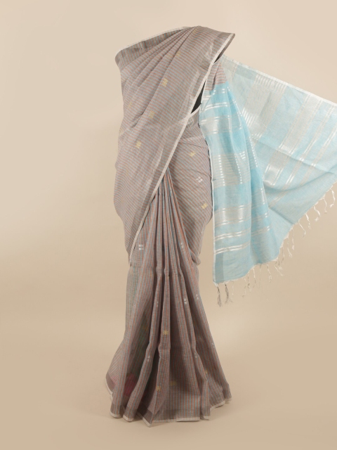 

Pothys Grey & Blue Striped Zari Linen Blend Saree