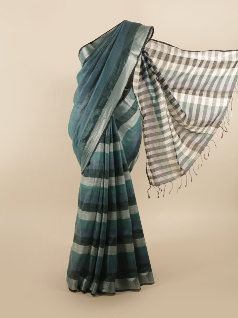 

Pothys Green & Silver Striped Zari Linen Blend Saree