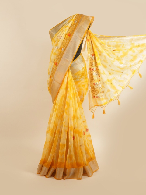 

Pothys Women Yellow Floral Embroidered Tissue Saree