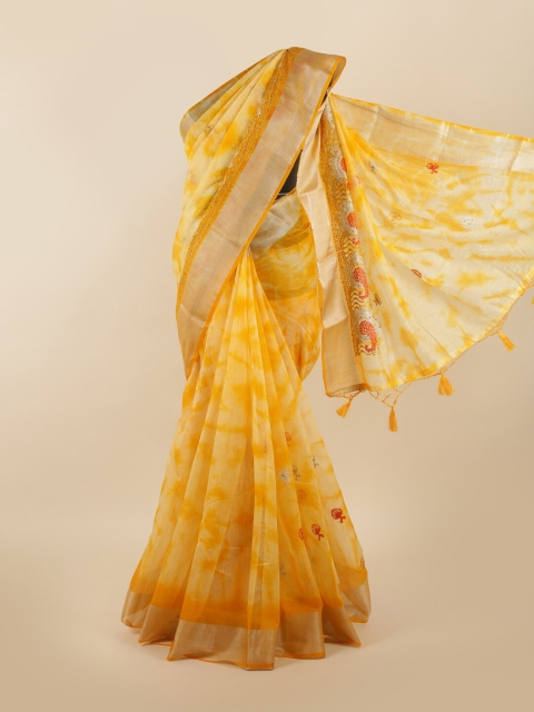 

Pothys Yellow & Silver-Toned Tie and Dye Embroidered Tissue Saree