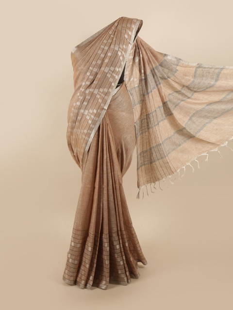 

Pothys Brown & Silver-Toned Woven Design Zari Linen Blend Saree