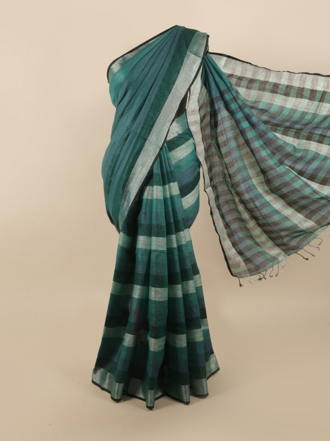 

Pothys Green & Silver-Toned Striped Zari Linen Blend Half and Half Saree