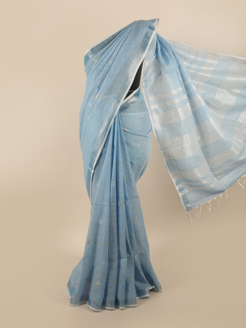 

Pothys Blue & Silver-Toned Zari Linen Blend Saree