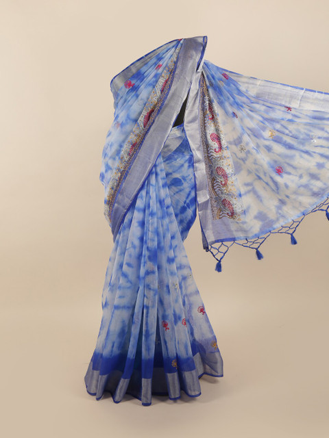 

Pothys Blue & White Tie and Dye Embroidered Tissue Saree