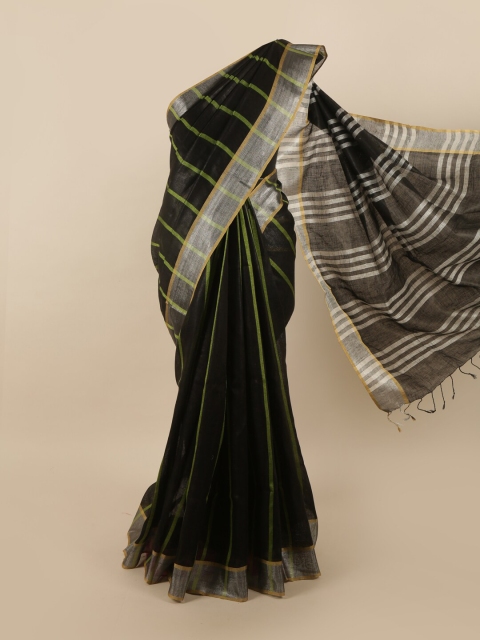 

Pothys Black & Silver-Toned Striped Zari Linen Blend Saree