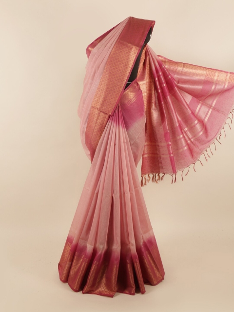 

Pothys Peach-Coloured & Gold-Toned Zari Linen Blend Saree