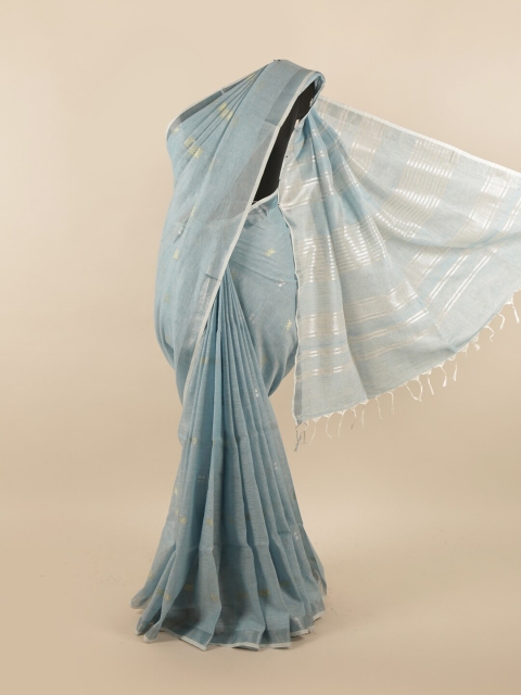 

Pothys Blue & Silver-Toned Woven Design Zari Linen Blend Saree