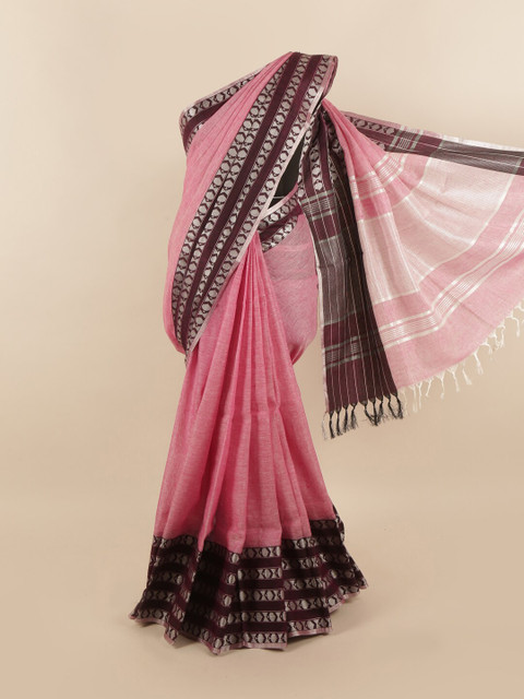 

Pothys Pink & Brown Zari Linen Blend Saree