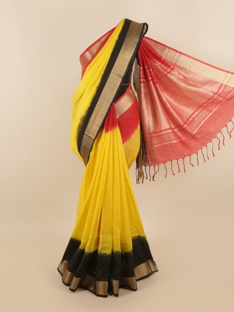 

Pothys Yellow & Red Colourblocked Zari Linen Blend Saree