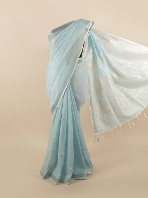 

Pothys Blue & Silver-Toned Woven Design Zari Linen Blend Saree