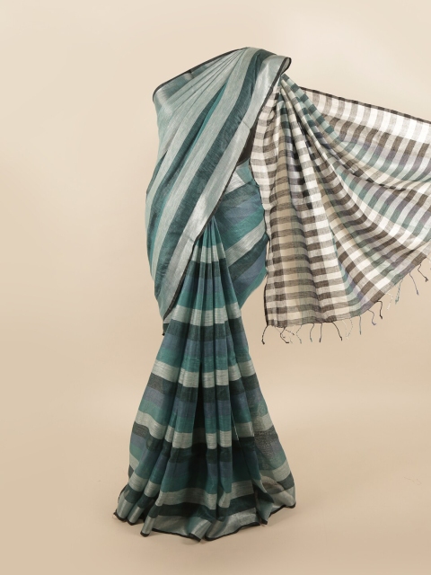 

Pothys Teal & Silver-Toned Striped Zari Border Linen Blend Saree