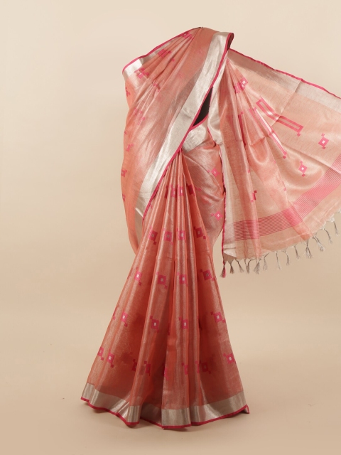 

Pothys Peach-Coloured & Silver-Toned Woven Design Zari Linen Blend Saree
