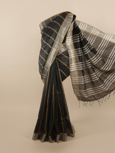 

Pothys Grey & Silver-Toned Striped Linen Blend Saree