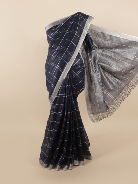 

Pothys Blue & Silver Checked Linen Blend Saree