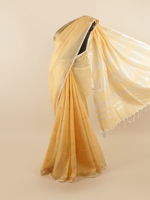 

Pothys Yellow & Silver-Toned Woven Design Zari Border Linen Blend Saree