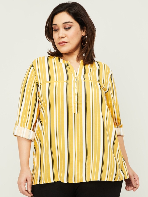 

nexus Mustard Yellow & White Striped Mandarin Collar Roll-Up Sleeves Shirt Style Top