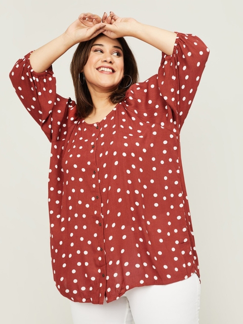 

nexus Rust Red & White Polka Dot Print Shirt-Style Top