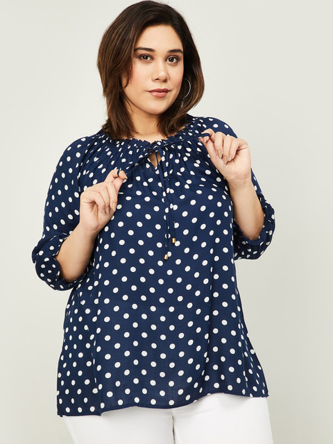 

nexus Navy Blue & White Off-Shoulder Polka Dot Print Top