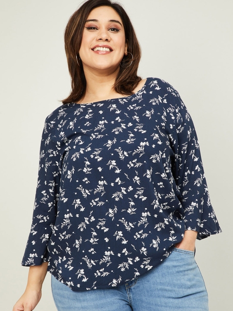 

nexus Navy Blue & White Floral Print Regular Top
