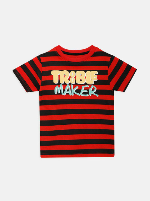 

THETA Boys Red & Black Typography Striped Cotton T-shirt