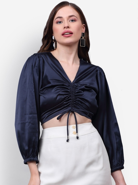 

NEUDIS Women Navy Blue Satin Regular Crop Top