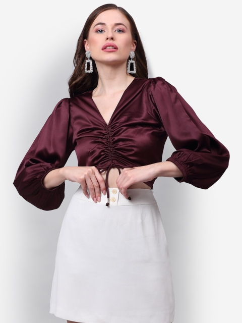 

NEUDIS Women Maroon Satin Regular Crop Top