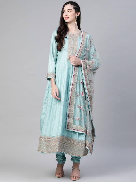 

Readiprint Fashions Turquoise Blue Floral Embroidered Dola Silk Unstitched Dress Material