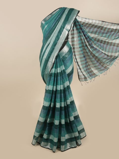 

Pothys Green & Silver-Toned Striped Zari Linen Blend Saree