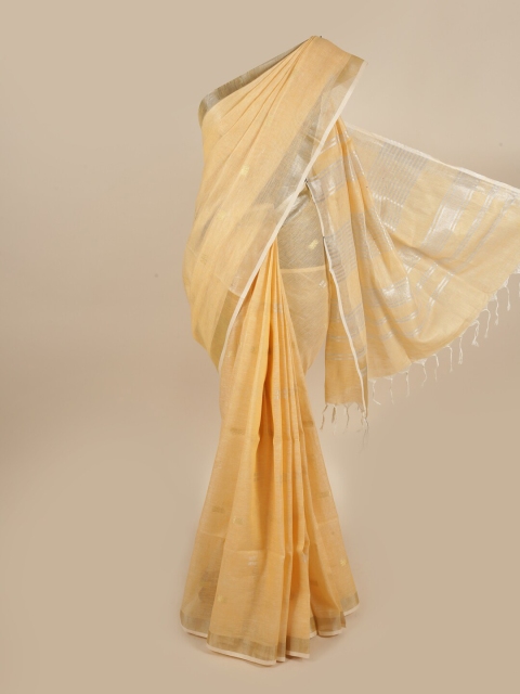 

Pothys Peach-Coloured & Silver-Toned Woven Design Zari Linen Blend Saree