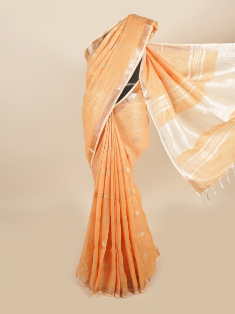 

Pothys Peach-Coloured & Silver-Toned Woven Design Zari Linen Blend Saree