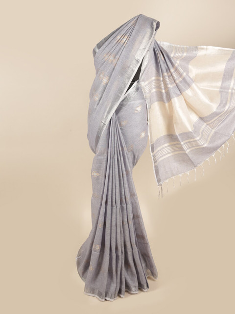 

Pothys Grey & Silver-Toned Woven Design Zari Linen Blend Saree