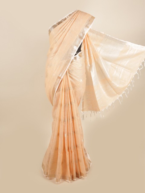 

Pothys Peach-Coloured & Silver-Toned Woven Design Zari Linen Blend Saree