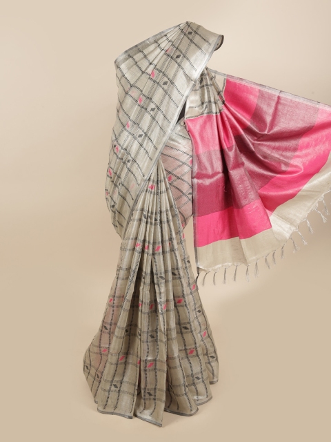 

Pothys Silver-Toned & Pink Checked Linen Blend Saree