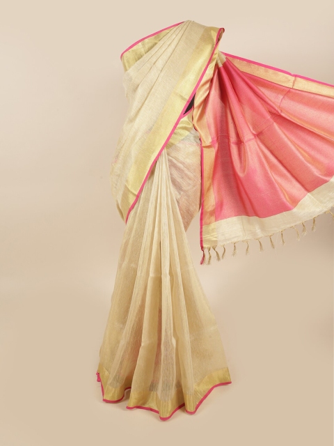 

Pothys Gold-Toned & Pink Zari Linen Blend Saree