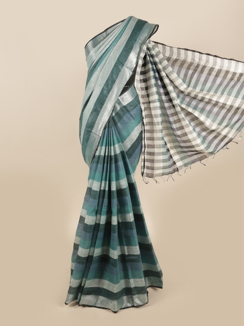 

Pothys Grey Melange & Silver-Toned Striped Zari Linen Blend Saree