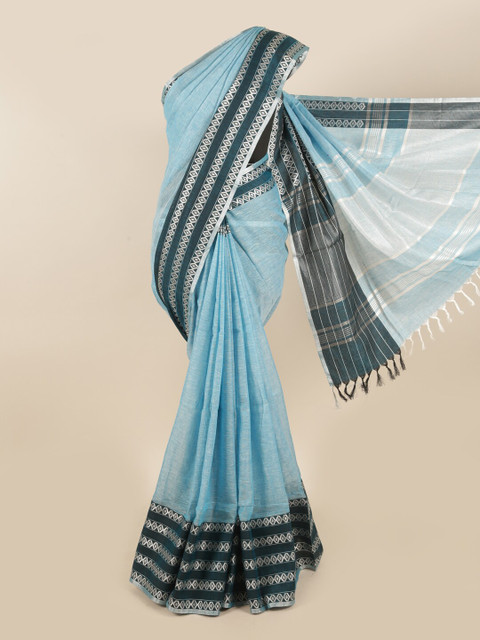 

Pothys Blue & Silver-Toned Zari Linen Blend Saree