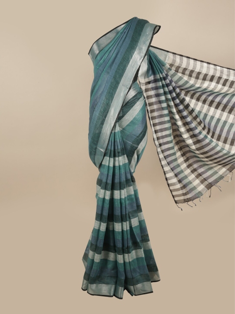 

Pothys Green & Grey Striped Zari Linen Blend Saree