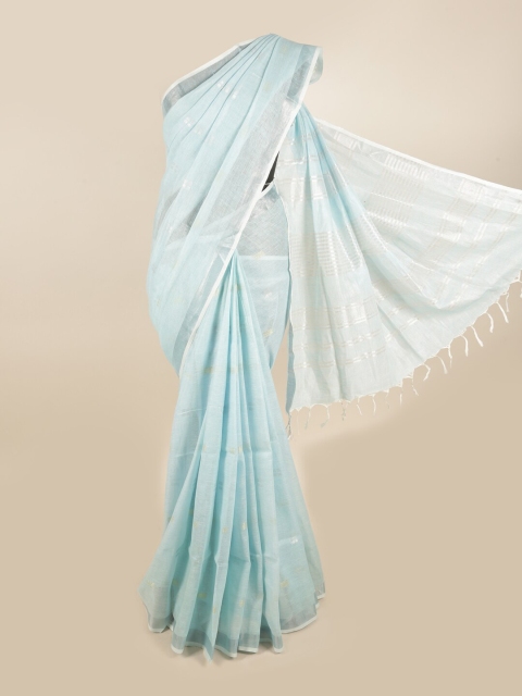 

Pothys Blue & Silver-Toned Woven Design Zari Linen Blend Saree
