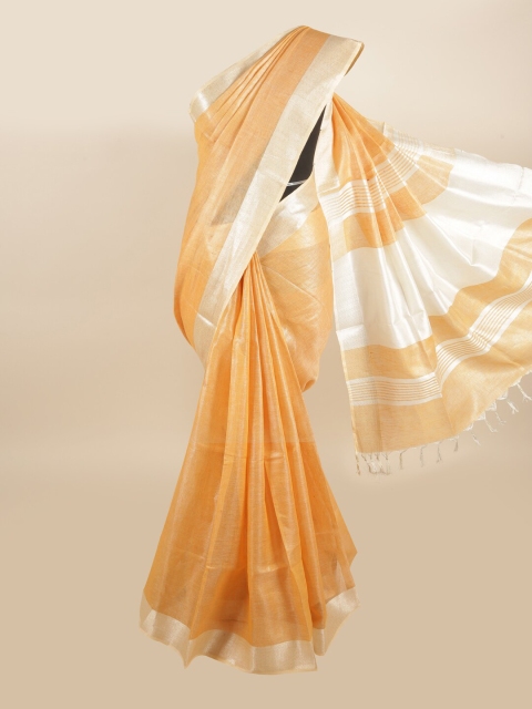 

Pothys Orange & Silver-Toned Zari Linen Blend Saree